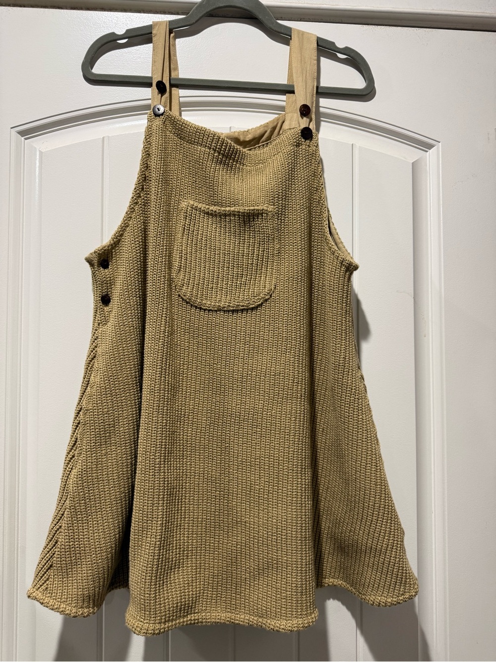 Tan Knit Mini Pinafore Dress with Front Pocket